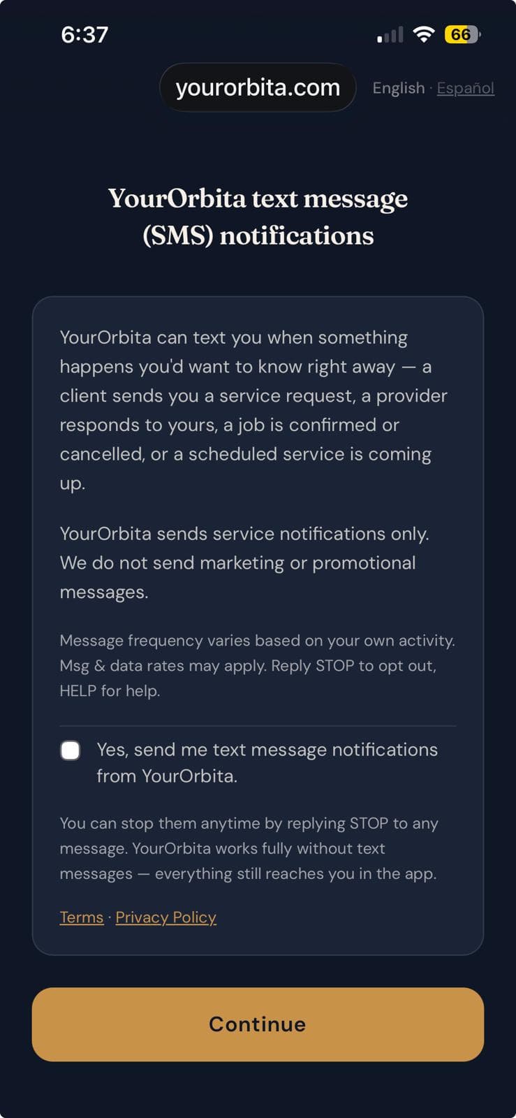 The YourOrbita in-app SMS notifications consent screen, showing the opt-in checkbox unchecked by default.