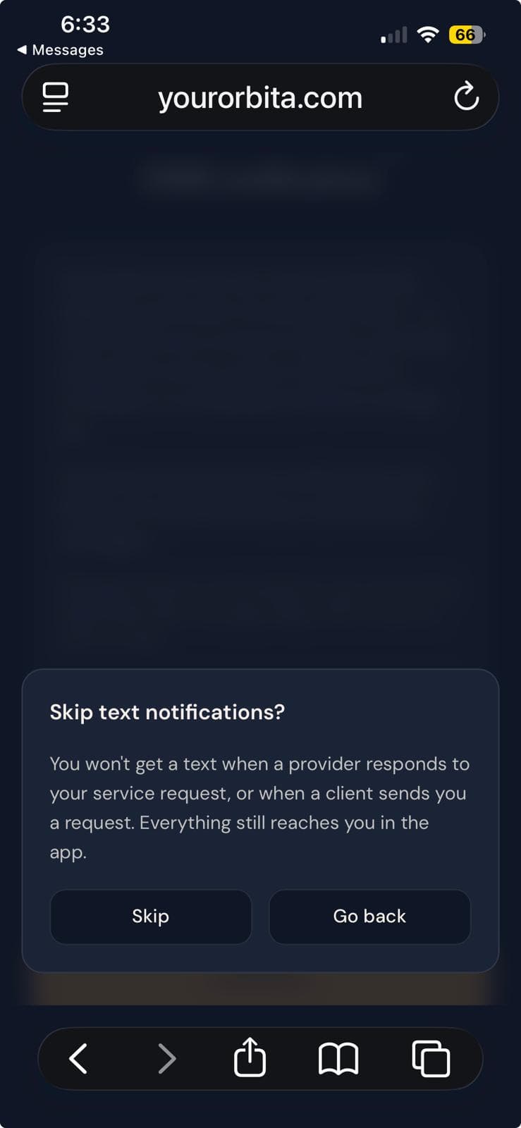 The YourOrbita in-app confirmation dialog shown when continuing without opting in, offering a choice to skip text messages or go back.