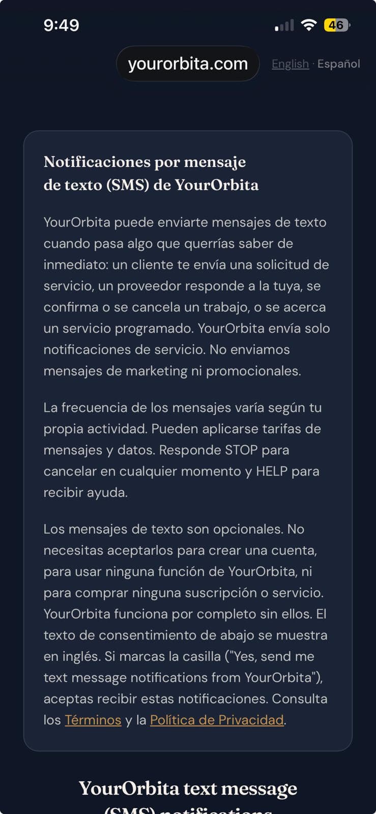 The top of the YourOrbita in-app SMS notifications consent screen for Spanish-language accounts, showing the language switch and the Spanish explanation above the consent card; the first of two screenshots of one screen.