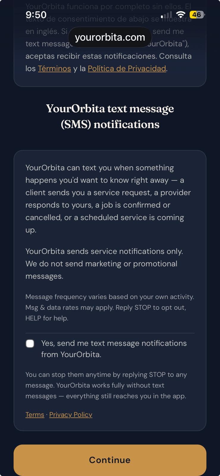 The same screen scrolled down, showing the English consent wording that is shown to all users, with the opt-in checkbox unchecked by default; the second of two screenshots of one screen.