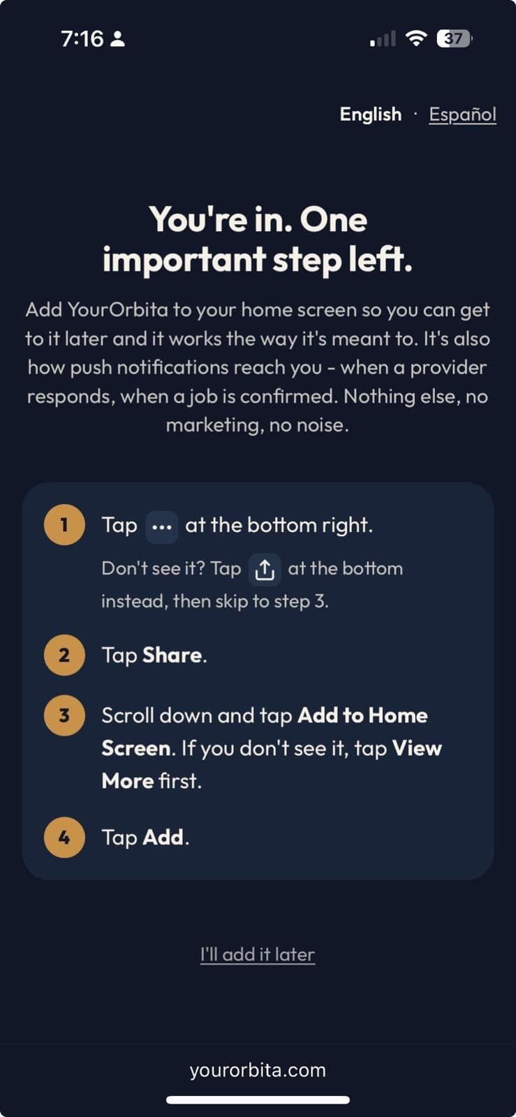 The YourOrbita install screen, the setup step reached after declining text messages. It is unrelated to SMS consent, appears whether or not texts were turned on, and leads to full access to the app.
