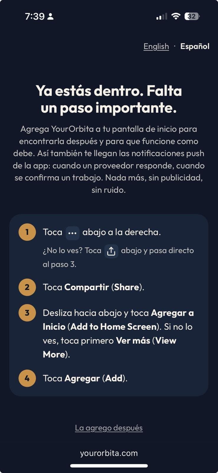 The YourOrbita install screen, in Spanish, the setup step reached after declining text messages. It is unrelated to SMS consent, appears whether or not texts were turned on, and leads to full access to the app.