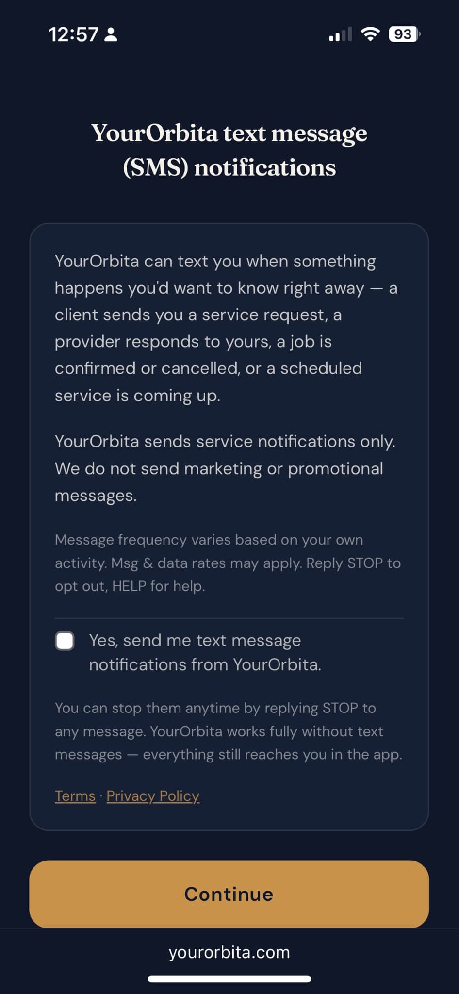 The YourOrbita in-app SMS notifications consent screen, showing the opt-in checkbox unchecked by default.