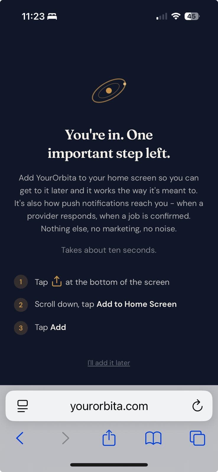 The YourOrbita app home screen shown immediately after the consent screen, reached with the SMS opt-in box left unchecked.